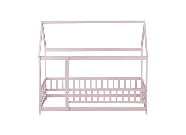 English Elm Twin House Frame Floor Bed Rubberwood with Roof Canopy and Safety Rails for Kids Pink W504P429347