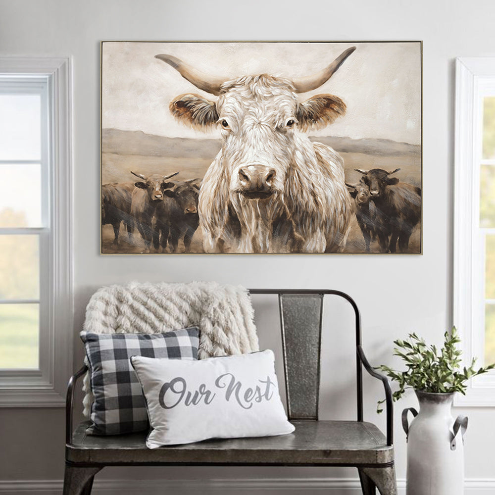 English Elm White White Highland Cow Canvas Wall Art - Framed Solid Wood Minimalist Farmhouse Print for Living Room Bedroom Décor Gift W3374P322232