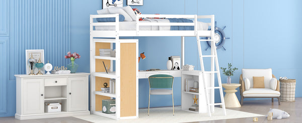 English Elm Twin Loft Bed with Built-in Desk Shelves and Drawer White Pine Study Zone LT100225AAK-1