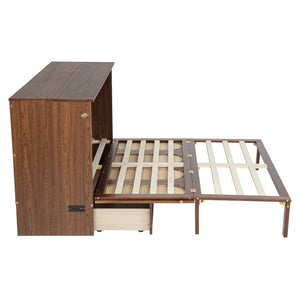 English Elm Queen Size Murphy Bed - Stylish Pine Wood Cabinet With Power Station & Rattan Panel For Space-Saving W504S00234-GIGA