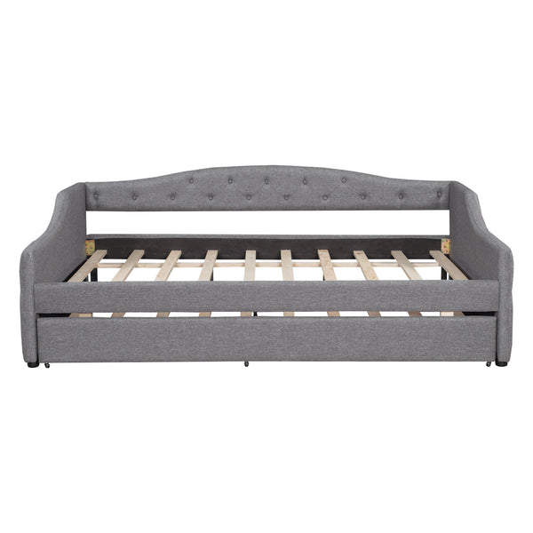 English Elm Upholstered Full XL Daybed with LED Belt and Trundle, Linen Backrest, Modern Silhouette, 450lb Capacity Gray DL002059AAE
