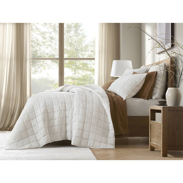 English Elm 3-piece French Linen Quilt Set King Garment Washed Box Stitch Breathable Bedding White B035P408296