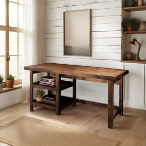 English Elm 60 Knotty Alder Workstation Desk in Whiskey Finish — Fully Assembled, Rustic Urban Style with Open Shelves for Home Office B108P160193