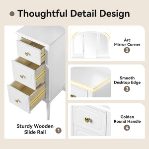 English Elm Antique Glam Vanity Desk with Triple Mirror, Stool & 6 Drawers, Full‑Length Mirror, White Elegance N844P285297A