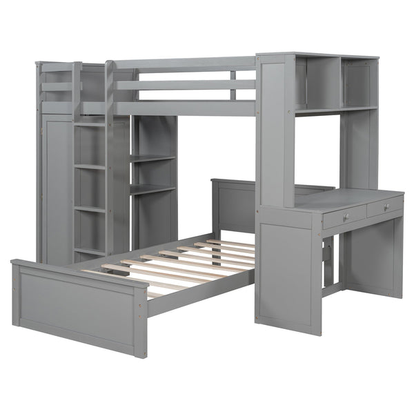 English Elm Twin Loft Bed System with Wardrobe Desk and Shelving for Kids Shared Bedroom Gray LT000820AAE-1