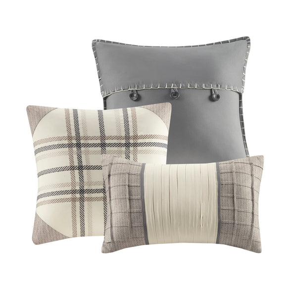 English Elm 7 Piece Herringbone Comforter Set - Cozy Buffalo Plaid Queen Ensemble With Decorative Pillows B03597190