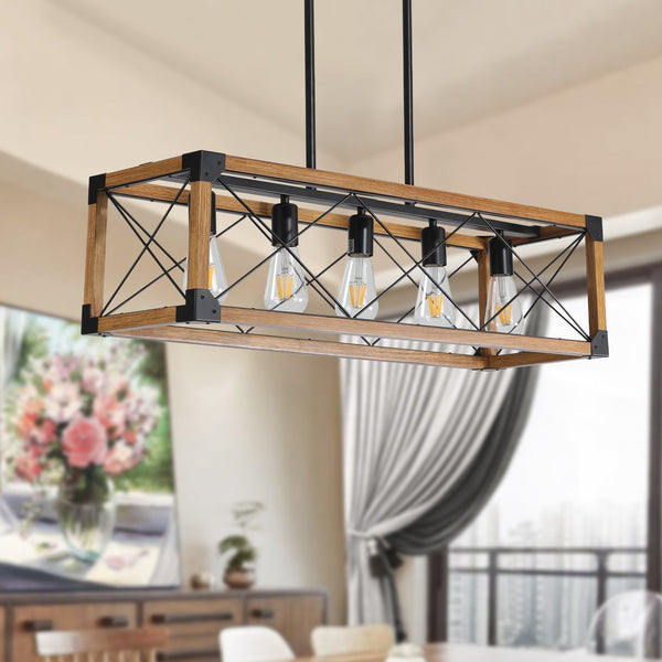 English Elm 32" Walnut Industrial Farmhouse Pendant Light Chandelier – 5-Light Fixture For Dining & Cafe Spaces W2312P368674