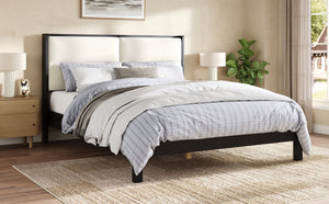 English Elm Solid Wood Queen Platform Bed Velvet Tufted Headboard Architectural Slat Design Black N7090000742B
