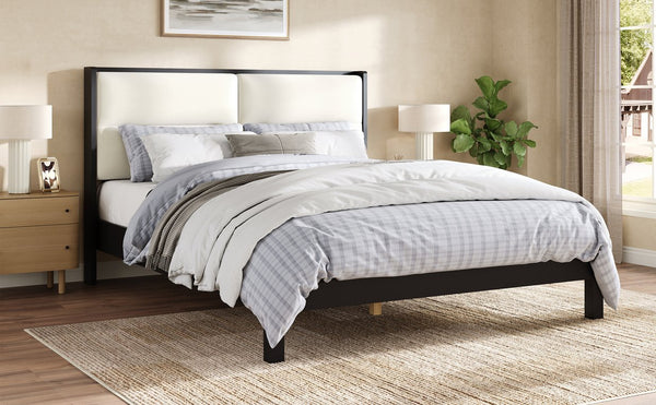 English Elm Solid Wood Queen Platform Bed Velvet Tufted Headboard Architectural Slat Design Black N7090000742B