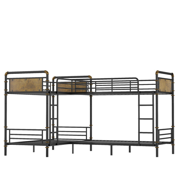 English Elm Quad Quad Bunk Bed for 4 Kids - Heavy Duty Metal Twin Frame, Detachable Triple Layout, Rustic Black Wood Finish, 250lb Capacity Each, Space-Saving Modular Design W2580S00020