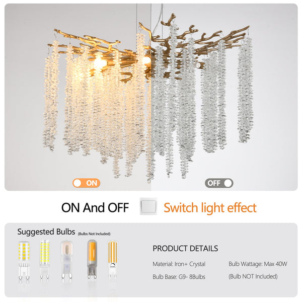 English Elm 24-inch Modern Golden Pendant Light with Crystal Cascade, 8-G9 Sconce Fixture for Living Room Elegance W2312P374973