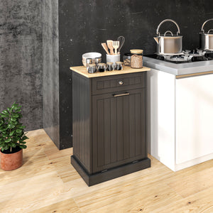 English Elm HOMCOM Tilt-Out Kitchen Trash Cabinet with Drawer and Oak Top Space-Saving Pet-Safe Organizer Black W2225P229386