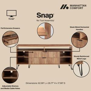 English Elm Dumbo 63" Fluted Media Console with Gold Legs, 2 Drawers, 6 Shelves & Wire Management Elegance Brown B365P397913