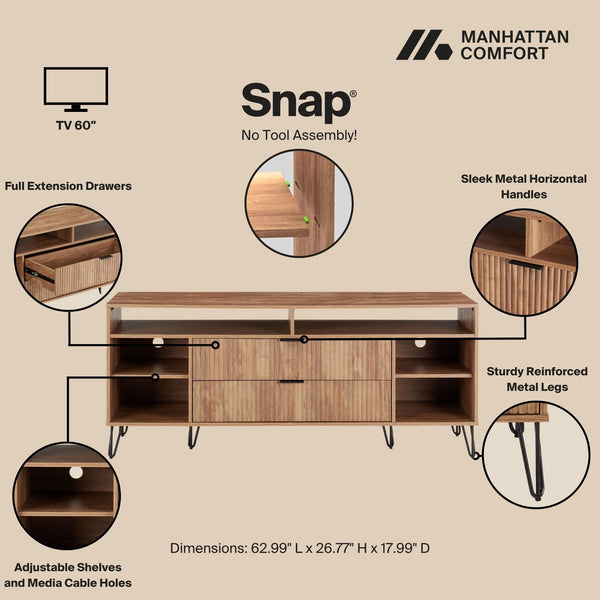English Elm Dumbo 63" Fluted Media Console with Gold Legs, 2 Drawers, 6 Shelves & Wire Management Elegance Brown B365P397913