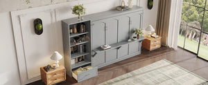English Elm Queen Murphy Wall Bed with Folding Platform Side Cabinet Drawer and Adjustable Shelves Gray N733S407545E