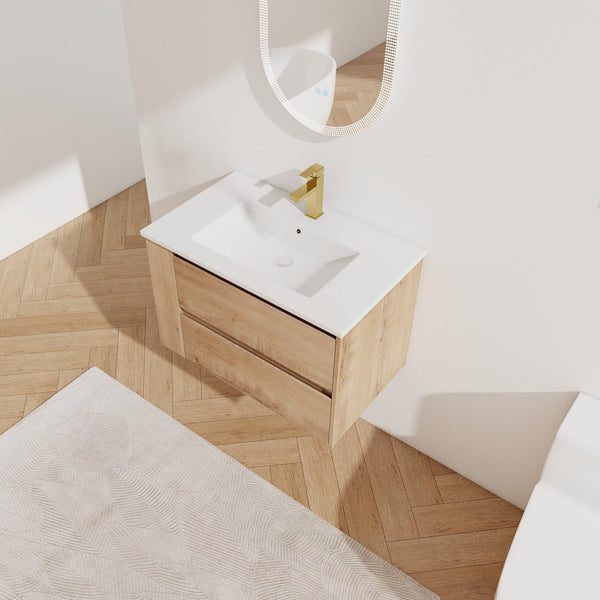 English Elm 30" Wall-Mount Bathroom Vanity With Ceramic Sink, Soft-Close Drawers & Configurable Side Shelf W999S00206