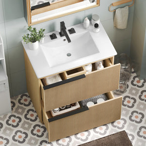 English Elm Christopher Knight Home® - 30" Bathroom Vanity With Ceramic Sink, Soft-Close Drawers & Fluted Natural Finish For Elegant Style N817P295760N