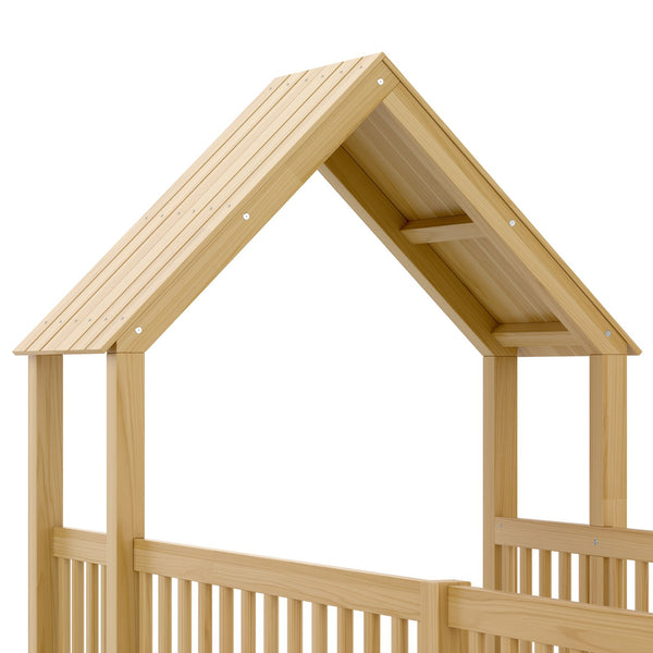 English Elm Twin House Floor Bed with Door & Full-Length Guardrails, Solid Wood Twin Loft Alternative for Kids Natural W1580P327129