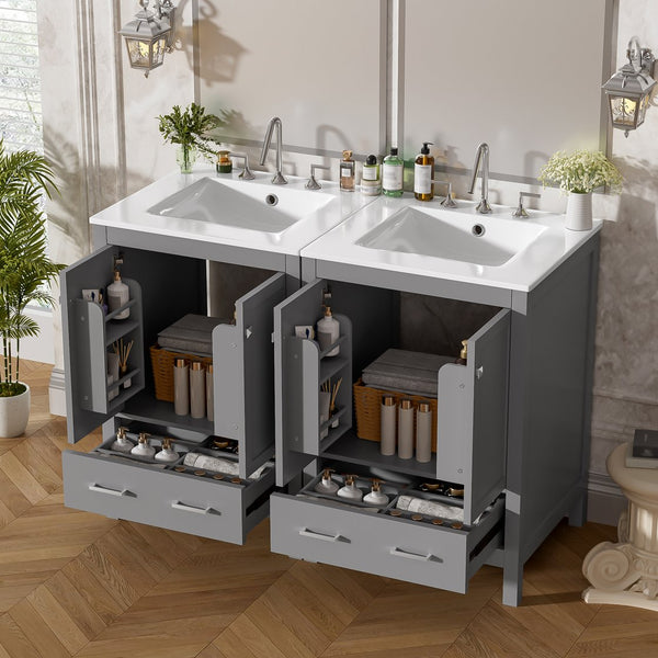 English Elm 48-Inch Modern Bathroom Vanity with Dual Ceramic Sinks, Ample Soft-Close Storage and Stylish Design Grey N729P000009E