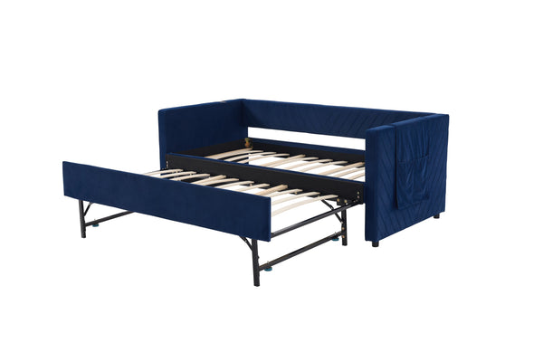 English Elm Twin Velvet Upholstered Daybed with Trundle, V-Pattern Backrest, USB Port, Side Pockets, Sturdy Design Navy W1361S00044