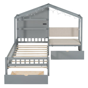 English Elm Twin House Bed Frame with Sofa Seating Led Lighting Drawers and Wireless Charging LP000521AAE-1