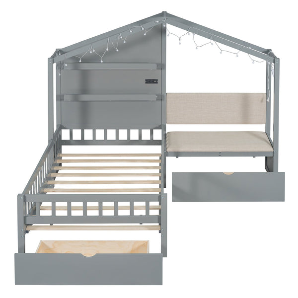 English Elm Twin House Bed Frame with Sofa Seating Led Lighting Drawers and Wireless Charging LP000521AAE-1