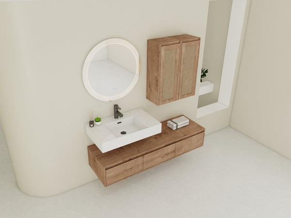 English Elm 60-Inch Wall-Mounted Bathroom Vanity With Integrated Resin Sink, Soft-Close Drawers & Elegant Oak Finish W999S00358