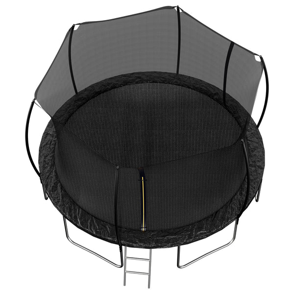 English Elm 14ft Trampoline with Curved Pole Enclosure Net Galvanized Frame and Safety Ladder W285P236466