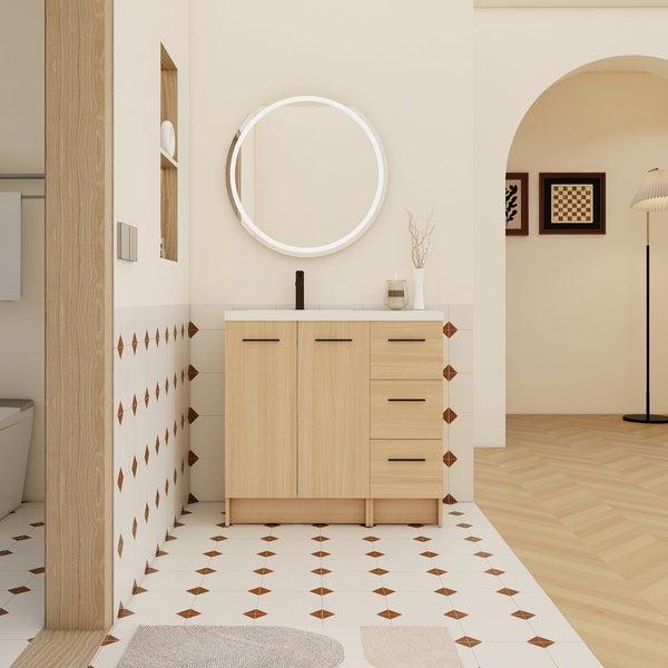 English Elm 36" Floating Bathroom Vanity Light Oak Modular Cabinet with Gel Coat Integrated Sink W3450S00098