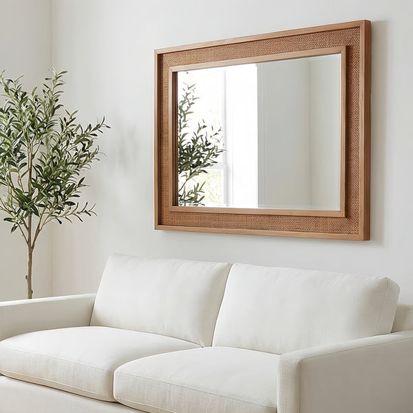 English Elm Natural Rattan Wrapped Solid Wood Rectangular Mirror Handcrafted Farmhouse Bathroom Entryway Yellowish-Brown W2203P436619