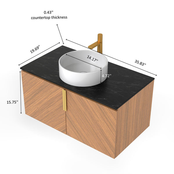 English Elm Arai 36" Modern Wall-Mounted Bathroom Vanity With Sink, Stylish Brown Oak Storage & Soft-Close Doors W2615S00356
