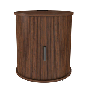 English Elm Mid Century Walnut Round End Table with Charging Station and Sliding Door Storage W2700P385517