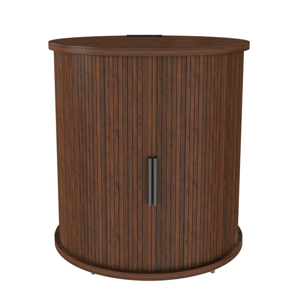 English Elm Mid Century Walnut Round End Table with Charging Station and Sliding Door Storage W2700P385517