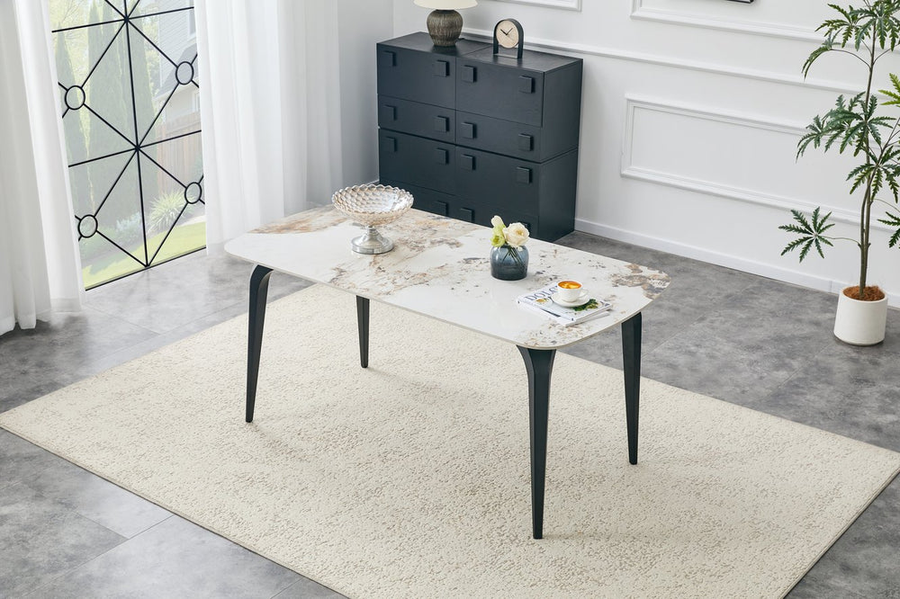 English Elm Modern Sintered Stone Rectangular Dining Table with Gold Accent Metal Base W3493S00016