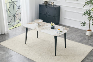 English Elm Modern Sintered Stone Rectangular Dining Table with Gold Accent Metal Base W3493S00016