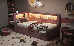 English Elm Upholstered Twin Platform Bed with Trundle, Linen Backrest, Built-In USB Ports & LED Accent Lighting Pink DL001919AAH