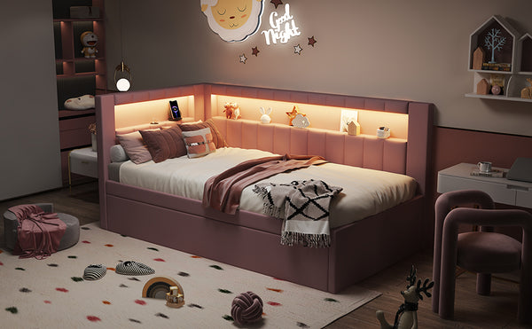 English Elm Upholstered Twin Platform Bed with Trundle, Linen Backrest, Built-In USB Ports & LED Accent Lighting Pink DL001919AAH