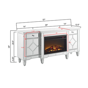 English Elm W 57 Inch Glossy Silver Electric Fireplace Tv Console with Mirrored Surround and Led Flame W1005S00006