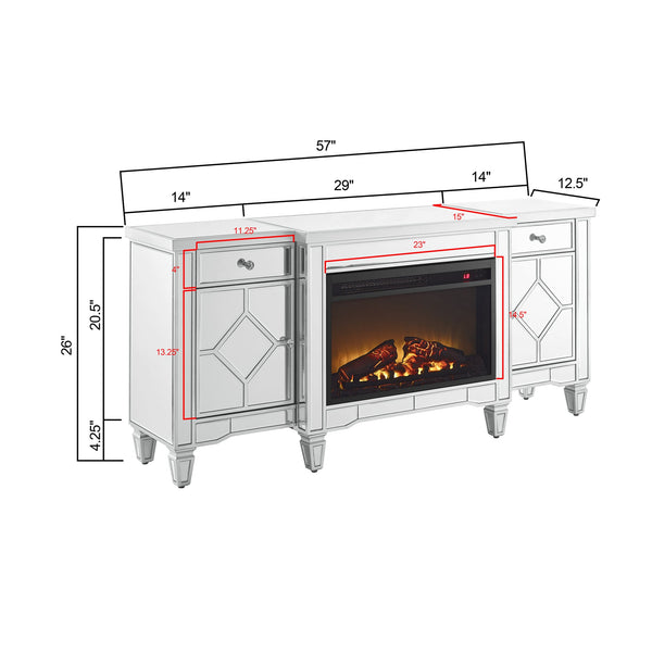 English Elm W 57 Inch Glossy Silver Electric Fireplace Tv Console with Mirrored Surround and Led Flame W1005S00006