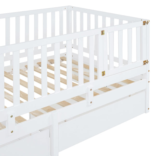 English Elm Twin Pinewood Daybed with Fence Guardrails Two Storage Drawers and Split Floor Bed White LP200881AAK