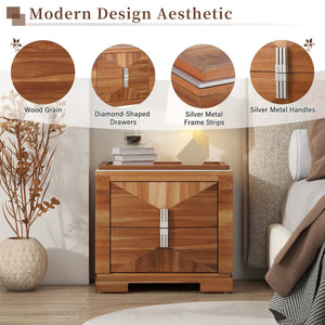 English Elm Mid-century Modern Nightstand with Diamond Geometric Drawers and Heavy Duty Wood Base Light Brown N761P324094M
