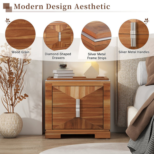 English Elm Mid-century Modern Nightstand with Diamond Geometric Drawers and Heavy Duty Wood Base Light Brown N761P324094M