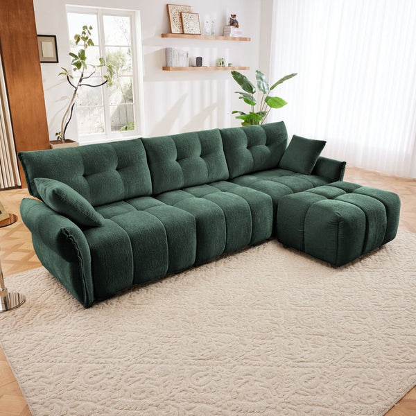 English Elm Three-Seater Sofa Set With Ottoman & Pillows - Elegant Green Chenille, Solid Wood, High-Resilience Comfort W714S01161-GIGA