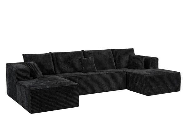 English Elm 133.86" Cloud Modular U-shaped Sectional Ribbed Corded Fabric Deep Seat Living Room Sofa Black W668S00009