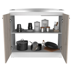 English Elm Freestanding Sink Cabinet With Double Doors, Two Adjustable Shelves, White & Light Gray Finish B097S00139
