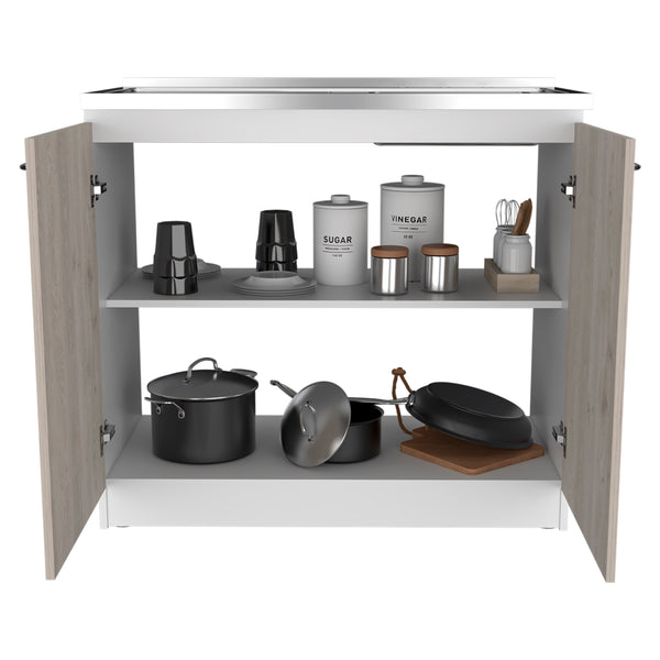 English Elm Freestanding Sink Cabinet With Double Doors, Two Adjustable Shelves, White & Light Gray Finish B097S00139