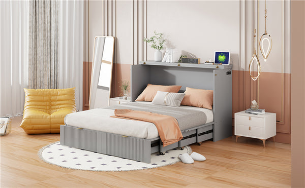English Elm Full Size Wall Murphy Bed Cabinet with Usb Ports Drawer and Pulley Lift Gray Finish LP100770AAE