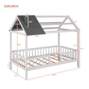 English Elm Twin House Bed Solid Pine Frame Cottage Roofline Slatted Rails Kids Bedroom Nook N708P296396D