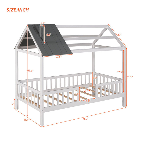 English Elm Twin House Bed Solid Pine Frame Cottage Roofline Slatted Rails Kids Bedroom Nook N708P296396D