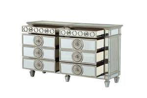 English Elm Varian Mirrored Finish Dresser with Geometric Trim & Sunburst Motifs, 8 Smooth Glide Drawers, Luxe Crystal Knobs Silver 71 L x 23 W x 39 H B2726P261265